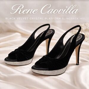 Rene Caovilla Black Velvet Crystal Platform Slingback Heels Size 41